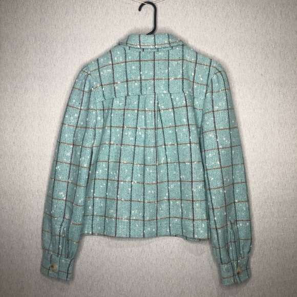 NWT Greylin Sammy Puff Sleeve Shacket Powder Blue Check Print Size L Wool Blend - Picture 10 of 16